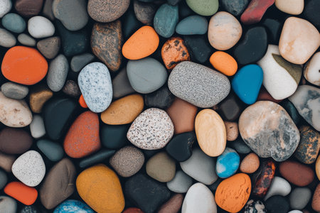 A variety of smooth, colorful stones of different shapes and sizes are spread out on a flat surface. These natural stones feature vibrant colors and unique patterns, suited for decor and crafts.の素材