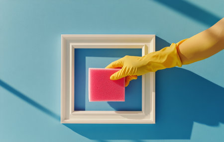 A hand wearing a yellow glove is using a pink sponge to clean a white picture frame. The vibrant blue background highlights the care taken in household cleaning activities.の素材