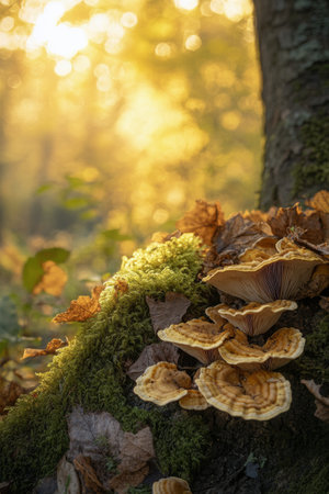 Delicate mushrooms with pale orange caps thrive on a moss covered surface under soft, golden sunlight. The warm glow creates a serene atmosphere in a forest setting.の素材