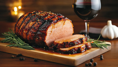 A beautifully glazed ham rests on a wooden board, garnished with herbs and accompanied by a glass of red wine. Fresh ingredients complement the dish, creating an inviting atmosphere.の素材