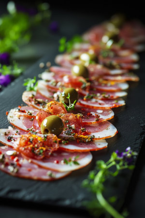 Cured meats are elegantly laid out on a dark slate platter, garnished with olives and fresh herbs. This appetizing presentation is perfect for a gathering or a fine dining experience.の素材