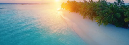 A breathtaking sunrise lights up the horizon, casting warm colors over a tranquil beach. Palm trees line the shore as gentle waves lap at the sandy coastline, creating a peaceful atmosphere.の素材