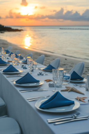 A beautifully arranged dining table lies on the sandy beach, adorned with blue napkins and decorative seashells. The sun sets on the horizon, creating a serene coastal atmosphere.の素材