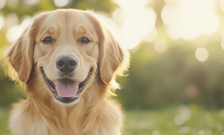 A golden retriever sits on green grass in the park, smiling with its tongue out. The sun shines brightly, creating a warm atmosphere. A red bench is visible in the background.の素材