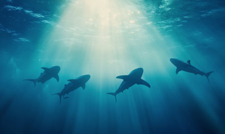 Four sharks glide through deep blue ocean water, illuminated by soft rays of sunlight.の素材