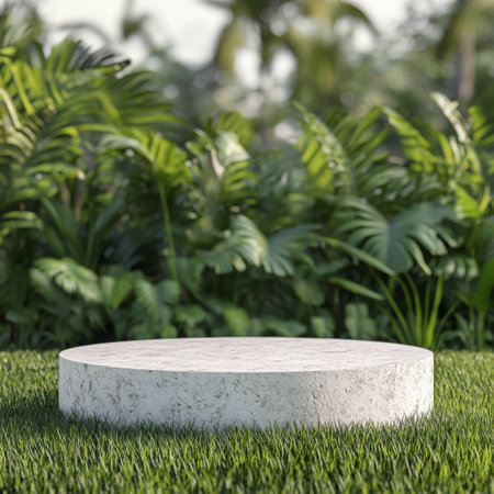 A circular platform sits gracefully in a vibrant tropical landscape filled with lush greenery and colorful plants. The tranquil mountain backdrop enhances the peaceful ambiance.の素材