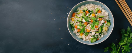 A vibrant bowl of vegetable noodles features sliced carrots, cucumbers, broccoli, and bell peppers. The dish is garnished with sesame seeds and fresh parsley, served with chopsticks.の素材