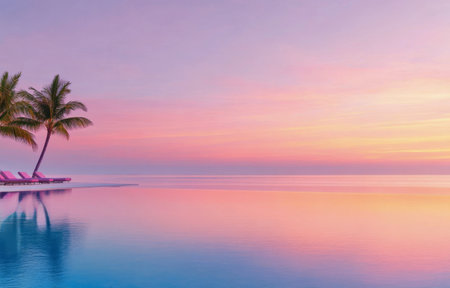 A serene sunset creates a colorful sky above the calm ocean. A palm tree sways gently next to an infinity pool, reflecting vibrant hues of pink and orange in the water.の素材