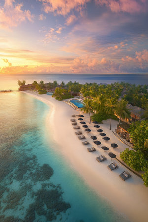 Soft waves lap against the shoreline as the sun sets, casting golden hues over a secluded beach with lounge chairs. Palm trees sway gently in the warm breeze near a luxurious pool area.の素材