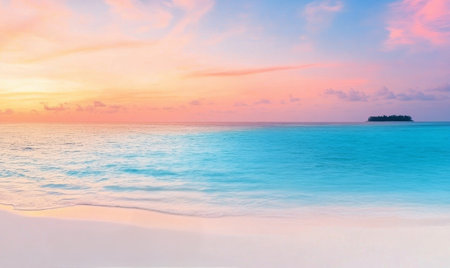 Soft waves lap against the shore as a pastel sunset paints the sky. Lush greenery lines the beach, creating a secluded, peaceful atmosphere in this coastal paradise.の素材
