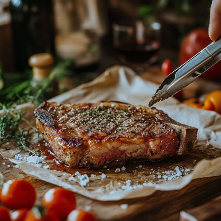 A person seasons a raw steak with pepper and salt on brown parchment paper.の素材