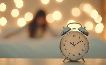 The image showcases a classic alarm clock with glowing numbers placed on a bedside table. Soft fairy lights create a warm ambiance in the background, evoking a cozy nighttime atmosphere.の素材