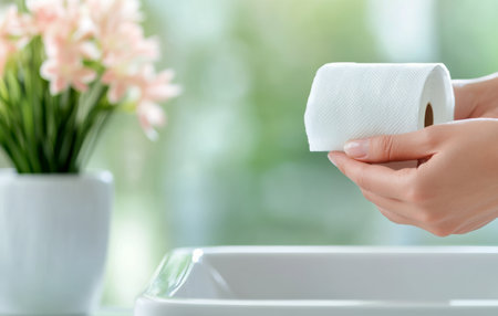 A person gently holds a roll of toilet paper in a bright bathroom. A sink and a vase with pink flowers add a fresh touch to the clean environment, enhancing the serene atmosphere.の素材