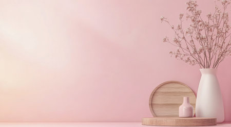 A gently styled scene features a pink wall, a white vase holding charming flowers, and wooden dishes set on a simple surface, creating a serene and modern aesthetic.の素材