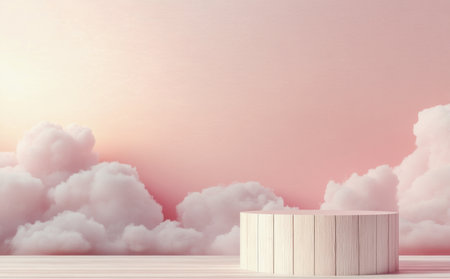 A white podium rests on a wooden surface under a bright, cloudy sky. Soft clouds drift across the blue backdrop, creating a serene atmosphere. The light is natural and inviting.の素材