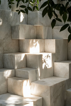 Sunlight filters through leaves, creating captivating shadows on smooth marble blocks arranged in an artistic manner. This serene setting combines nature and elegant design.の素材