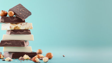 A variety of chocolate bars stacked neatly on a teal countertop. Chunks are complemented by scattered nuts, showing rich textures and colors under natural light.の素材