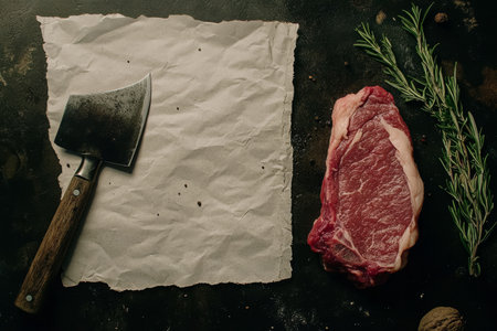 A ribeye steak rests on brown butcher paper next to a meat cleaver. Fresh rosemary sprigs are placed alongside, indicating preparation for a delicious meal.の素材