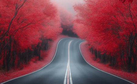 Winding asphalt road traverses through a dense forest blanketed in bright red and orange leaves. Overcast skies hint at the changing seasons, creating a picturesque fall atmosphere.の素材