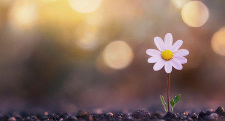 A single daisy grows resiliently from a gravel path as golden sunset light casts a warm glow. The soft focus background enhances the delicate beauty of the flowers petals and leaves.の素材
