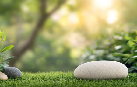A peaceful outdoor space showcases smooth stones on lush green grass, surrounded by healthy plants. Soft sunlight filters through trees, creating a serene atmosphere in the garden.の素材