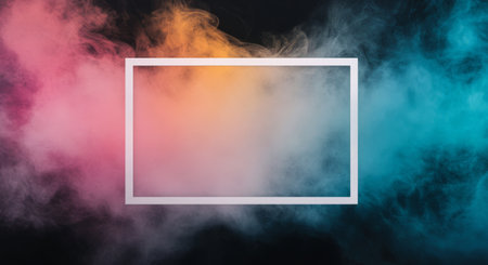 A captivating display of swirling pink and blue smoke envelops a white rectangular frame, adding depth and intrigue to the composition. The scene exudes creativity and energy.の素材