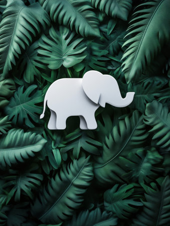 A white elephant silhouette is prominently displayed against a backdrop of vibrant green leaves. This serene composition evokes a sense of calm and appreciation for wildlife and nature.の素材
