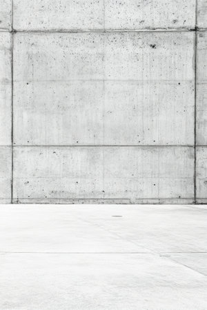 A large gray concrete wall features a minimalist design with a smooth surface. The structure is devoid of any decorations, creating an industrial and modern aesthetic.の素材
