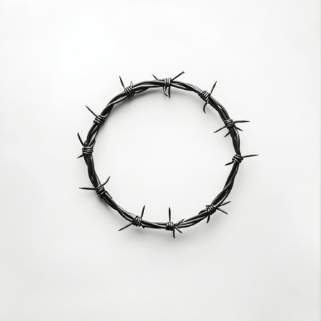 A close up view of barbed wire shows its sharp edges and twisted structure. The stark contrast against the plain background emphasizes its ruggedness and the themes of confinement and protection.の素材
