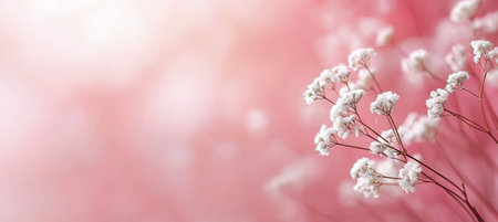 A cluster of small white flowers stands out against a blurred pink backdrop, creating a peaceful and calming atmosphere. The sunlight softly illuminates the delicate petals, enhancing their beauty.の素材