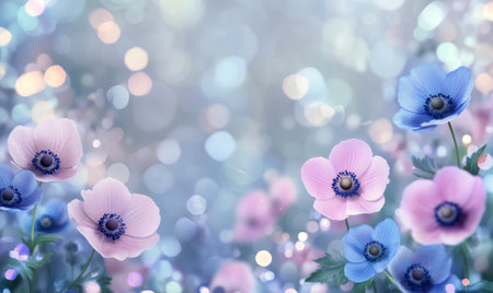 Delicate anemone flowers in shades of pink and blue create a stunning display in a soft focus garden setting. Gentle light enhances the tranquility of this springtime moment.の素材