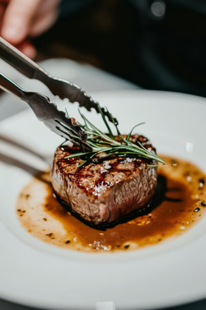 Tender steak cooked to perfection is being carefully garnished with aromatic herbs. The rich sauce enhances its flavor, creating an appetizing presentation ideal for a fine dining experience.の素材