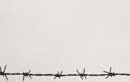 The focus is on barbed wire twisted with sharp edges. The background is soft and blurred, emphasizing the wires design. This evokes feelings of confinement and separation.の素材