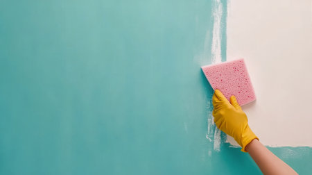 A person wearing a yellow rubber glove uses a pink sponge to clean a blue wall. The bright color of the sponge contrasts with the wall as it removes dirt and grime effectively.の素材