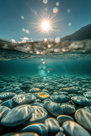 Bright sunlight filters through the surface of clear water, illuminating a bed of smooth pebbles below. The serene scene captures the calmness of the coastal aquatic landscape.の素材