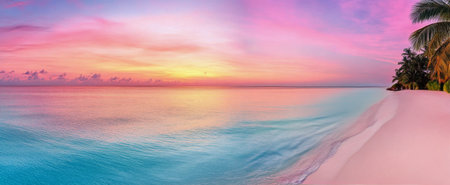 The sun sets on the horizon, casting pastel hues across the sky and reflecting on the calm ocean waves. Palm trees frame the soft sandy beach, creating a tranquil atmosphere in the evening.の素材