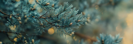 Green pine branches catch sunlight, creating a natural glow. The blurred background suggests a serene forest atmosphere, evoking a sense of calm and connection to nature.の素材