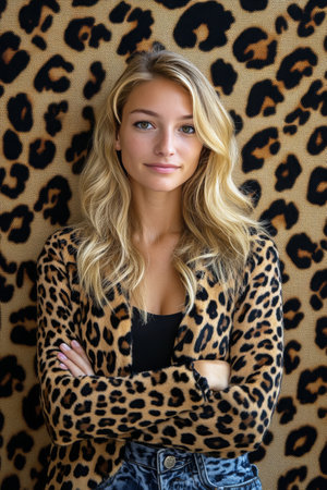 A stylish woman stands confidently with her arms crossed. She wears a chic leopard print cardigan over a black top.の素材