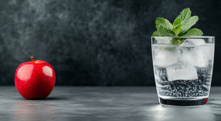 A glass filled with ice and a mint leaf sits on a stone surface. Nearby, a sliced lime and a whole green apple add vibrant color to the composition against a dark background.の素材