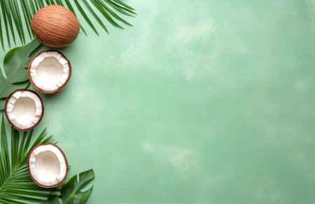 Halved coconuts and green palm leaves are artistically placed on a light blue surface, creating a refreshing tropical vibe suitable for summer themed presentations or decorations.の素材