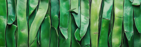 Long, vibrant green beans lie on a white surface, ready for preparation or serving. Their fresh appearance highlights their potential in various dishes or salads.の素材