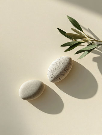Two smooth stones rest on a neutral surface with an olive branch leaning beside them. The composition highlights simplicity, balance, and natural materials in a calming setting.の素材