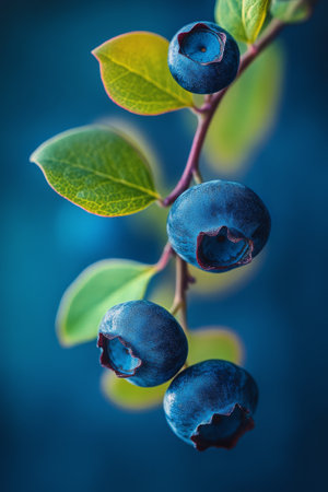 Fresh blueberries cluster tightly on a slender branch, showing deep blue color and rich texture. The backdrop features lush green leaves, enhancing the natural beauty in a serene environment.の素材