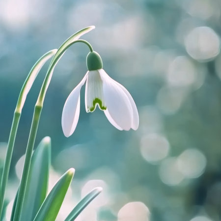 A delicate snowdrop flower with white petals and a green inner detail rises gracefully in a serene garden setting. The soft background enhances its beauty in early spring.の素材