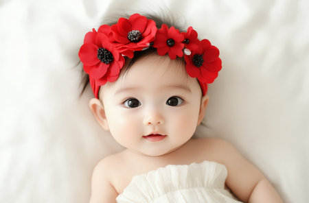 A lovely baby girl is lying on a soft white surface, wearing a delicate outfit while gazing curiously. A vibrant red flower headband adds charm to her innocent expression.の素材