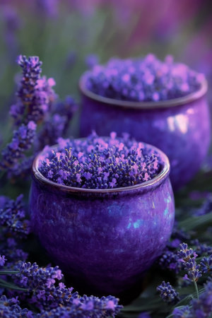 Fragrant lavender flowers flourish beside rugged rocks as twilight casts a gentle light. The tranquil landscape offers a peaceful ambiance, inviting moments of reflection.の素材