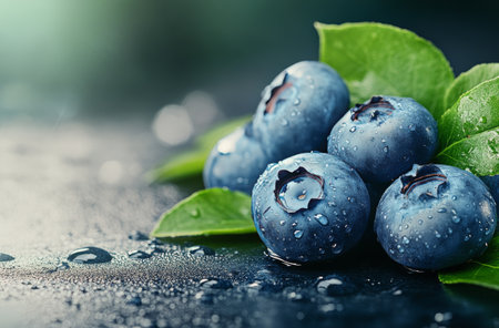 Clusters of fresh blueberries with water droplets are placed on a dark surface. Lush green leaves surround the berries, adding color and freshness to the composition.の素材