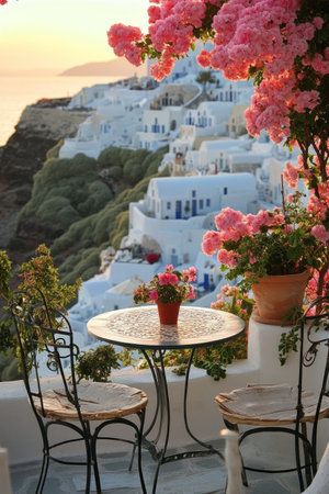 A cozy terrace adorned with bougainvillea frames a breathtaking sunset view over the caldera in Santorini.の素材