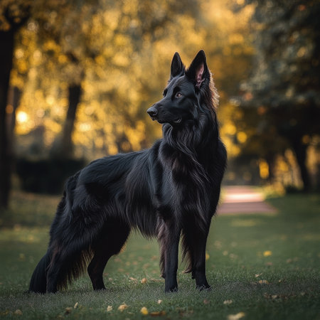 A sleek black dog with long fur poses elegantly in a park filled with vibrant autumn foliage. Sunlight filters through the trees, creating a warm atmosphere.の素材