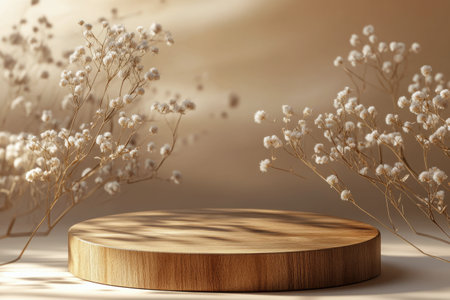 A round wooden platform is surrounded by delicate white flowers, creating a calm and elegant atmosphere. Soft shadows enhance the natural beauty of the setting, perfect for showcasing products.の素材